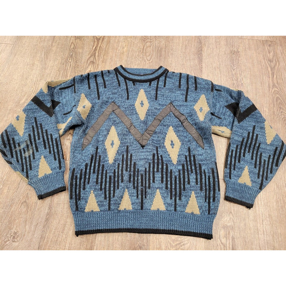 Vintage Atlantic Traders Sweater Mens M Blue Crewneck Leather Trim Geometric - Picture 1 of 4